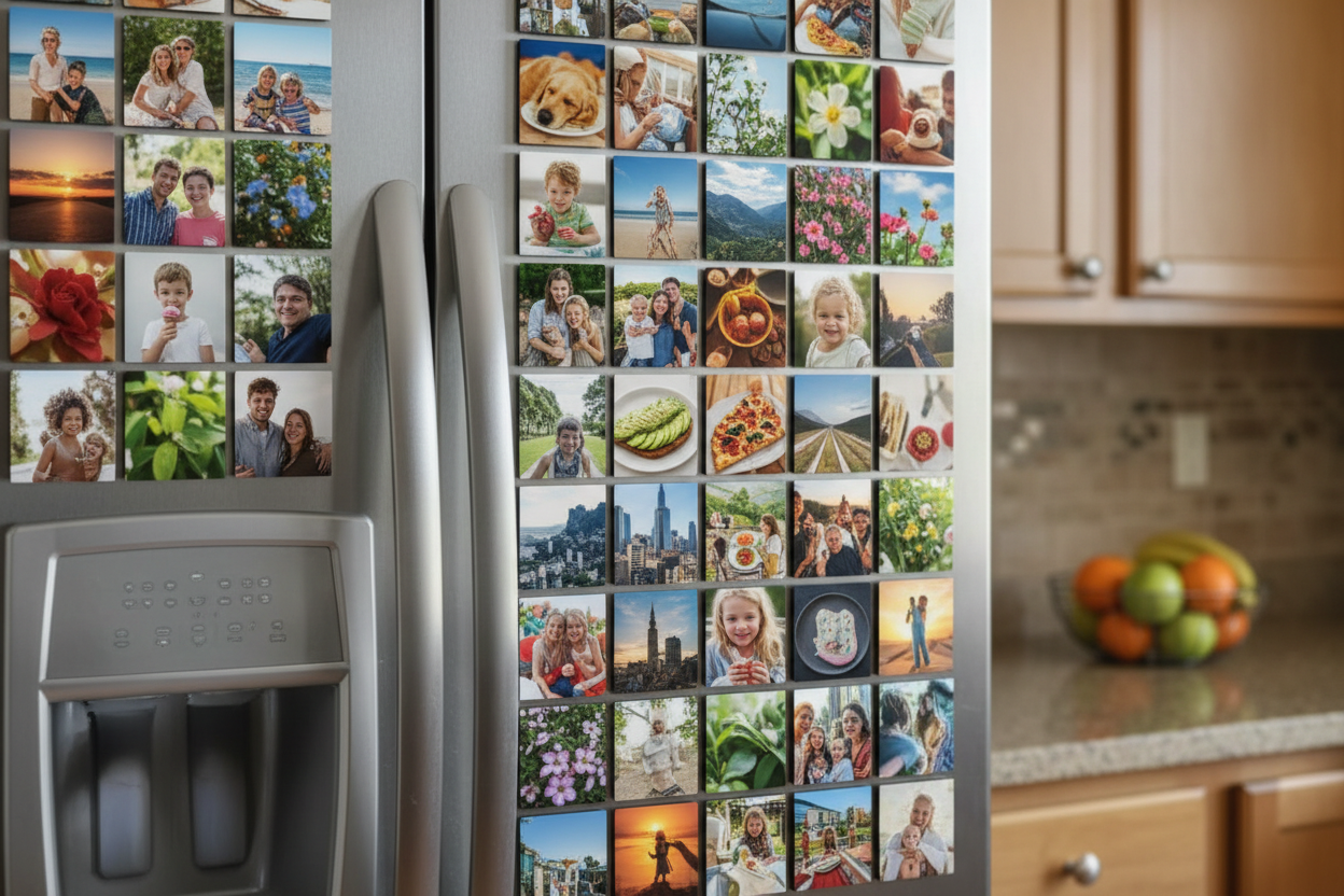 Lots of 2x2 photo magnets in a fridge